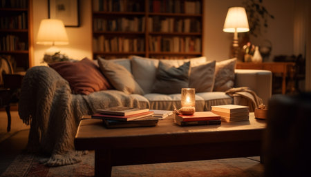 Cozy bedroom with modern bookshelf, antique decor, and illuminated table generated by artificial intelligenceの素材