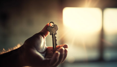 Unlocking the symbol of success businessman holding house key close up generated by artificial intelligenceの素材