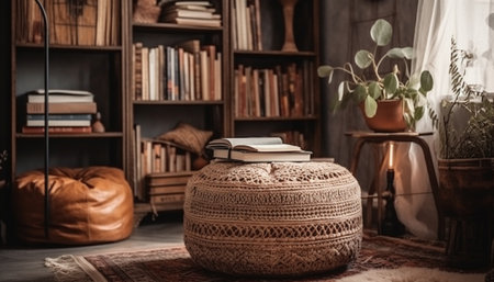 Comfortable armchair, antique lamp, and books create cozy reading nook generated by artificial intelligenceの素材