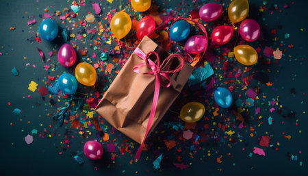 Joyful birthday celebration with confetti, balloons, and shiny gifts generated by artificial intelligenceの素材