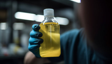 Scientist analyzing liquid in close up, holding medical sample with glove generated by artificial intelligenceの素材