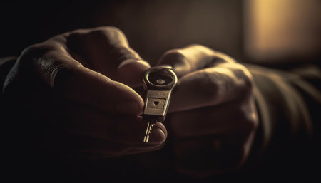 Adult male holding metal key, unlocking success in industry workshop generated by artificial intelligenceの素材