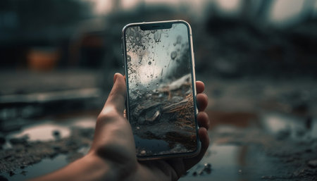Man holding smartphone captures city wet autumn night in photograph generated by artificial intelligenceの素材