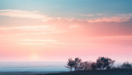 The vibrant sunset sky reflects on the tranquil meadow landscape generated by artificial intelligenceの素材
