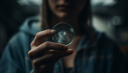 Young adult woman holding magnifying glass, exploring nature beauty outdoors generated by artificial intelligenceの素材
