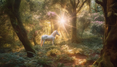 A majestic stallion grazes in a tranquil autumn meadow generated by artificial intelligenceの素材