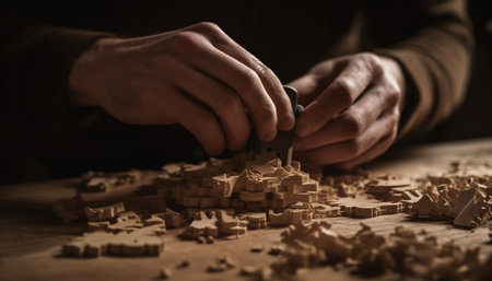 Craftsperson skilled hand shapes wood into a homemade puzzle design generated by artificial intelligenceの素材