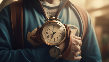 Businessman holding old fashioned timer, checking countdown for deadline success generated by artificial intelligenceの素材