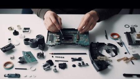 Expert technician repairing broken computer chip with soldering iron generated by artificial intelligenceの素材