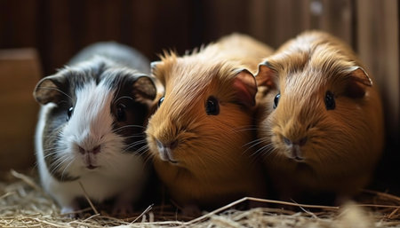 Three fluffy guinea pigs sitting in a row, looking cute generated by artificial intelligenceの素材