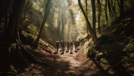 A group of men and women hiking through the forest generated by artificial intelligenceの素材