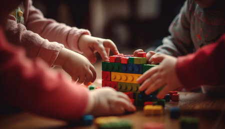 Boys and girls playing with toy blocks, building creativity together generated by artificial intelligenceの素材