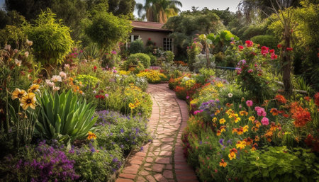 A multi colored flower head blossoms in a formal garden generated by artificial intelligenceの素材