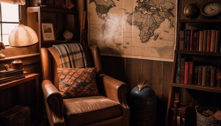 Old fashioned library in modern home elegance, comfort, and education generated by artificial intelligenceの素材