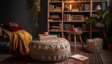 Modern library decor comfortable armchair, old fashioned rug, illuminated bookshelf collection generated by artificial intelligenceの素材