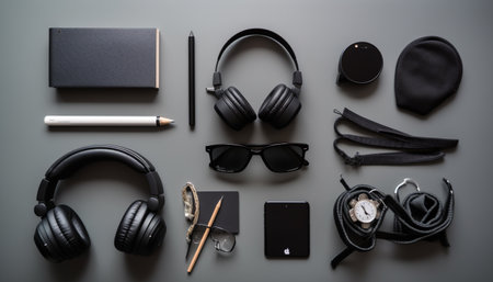 Modern man tech collection on wooden desk headphones, sunglasses, smartphone generated by artificial intelligenceの素材