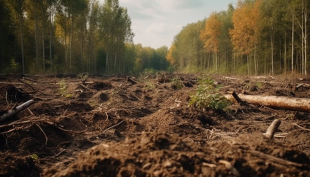 Tranquil autumn forest yellow leaves, green grass, blue water, dirty mud generated by artificial intelligenceの素材