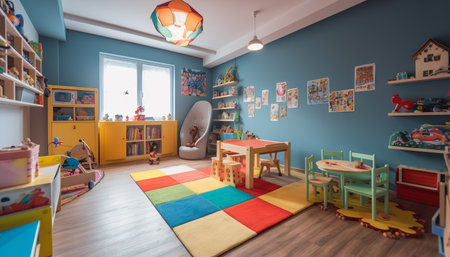 Playful children playroom with modern design and colorful decoration generated by artificial intelligenceの素材