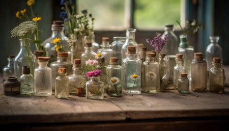 Aromatherapy tincture in rustic glass jar, nature healing collection generated by artificial intelligenceの素材