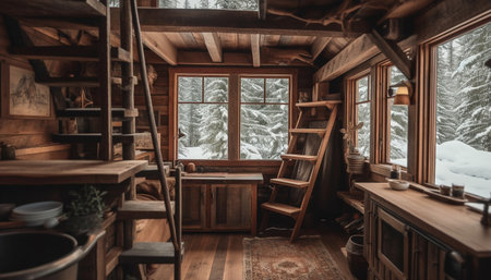 Rustic elegance in a modern cottage wood, snow, and comfort generated by artificial intelligenceの素材