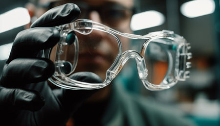 One person, a scientist, wearing protective eyewear and gloves, focuses generated by artificial intelligenceの素材
