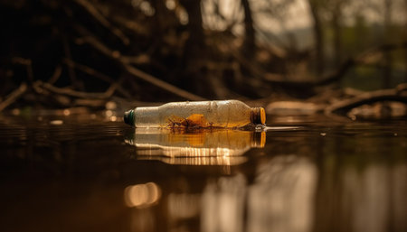 Refreshing drink in glass bottle reflects autumn forest beauty generated by artificial intelligenceの素材