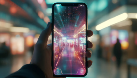 In the futuristic city, a businessman holds a smart phone generated by artificial intelligenceの素材