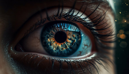 Close up of a young woman blue eye, staring at camera generated by artificial intelligenceの素材