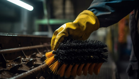 Skilled carpenter polishing metal with protective gloves in workshop generated by artificial intelligenceの素材