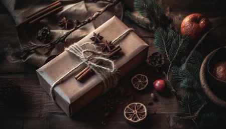 Rustic homemade gift wrapped in ornate paper and twine string generated by artificial intelligenceの素材