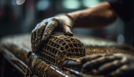 The skilled leatherworker hand ties a knot in the rope generated by artificial intelligenceの素材