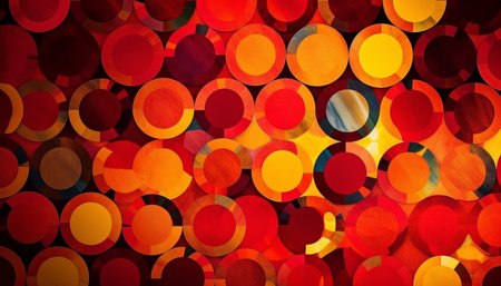 Glittering circles illuminate the dark backdrop with vibrant colors generated by artificial intelligenceの素材