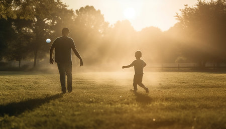 Father and son bond over leisure activity in forest meadow generated by artificial intelligenceの素材