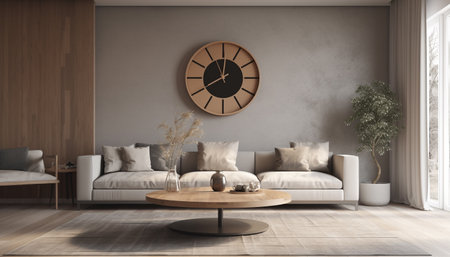 Modern apartment with elegant design, comfortable sofa, and illuminated clock generated by artificial intelligenceの素材
