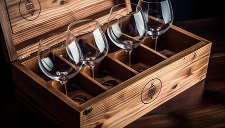 Luxury wine bottle and glass on wooden table for celebration generated by artificial intelligenceの素材