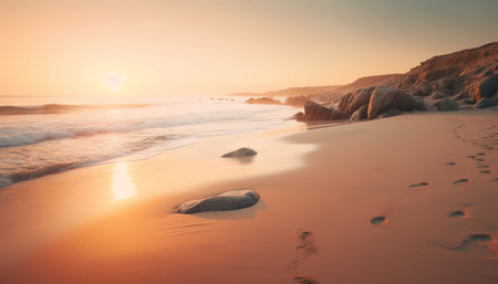 The tranquil scene of the sunset over the waters edge generated by artificial intelligenceの素材