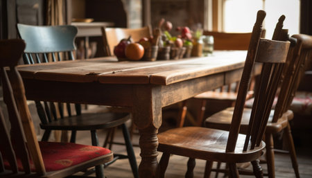 A rustic dining table and chair set in a modern home generated by artificial intelligenceの素材
