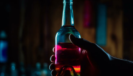 A scientist hand pours alcohol into a beaker for research generated by artificial intelligenceの素材