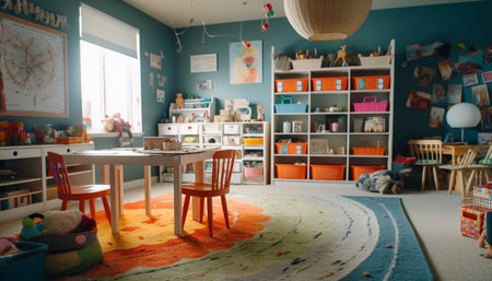 A modern, comfortable living room with colorful toys and books generated by artificial intelligenceの素材