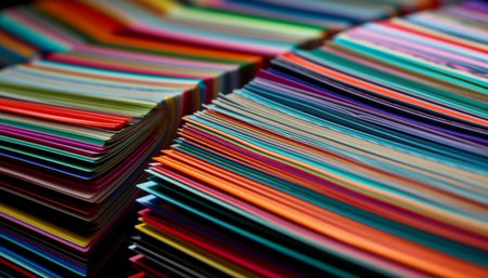 A large stack of multi colored paper documents in a heap generated by artificial intelligenceの素材