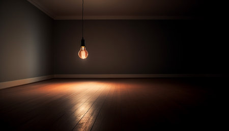 Modern electric lamp illuminates empty domestic room with hardwood flooring generated by artificial intelligenceの素材