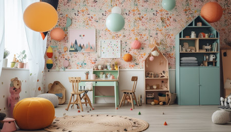 A playful child enjoys a colorful toy in a modern apartment generated by artificial intelligenceの素材
