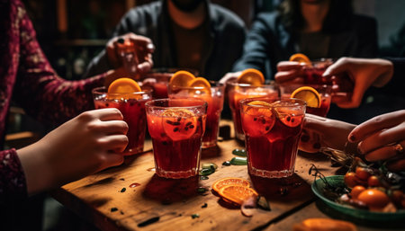 Friends toast to happiness and togetherness at winter party celebration generated by artificial intelligenceの素材