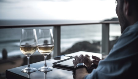 A young businessman holding a wineglass, enjoying luxury outdoors generated by artificial intelligenceの素材