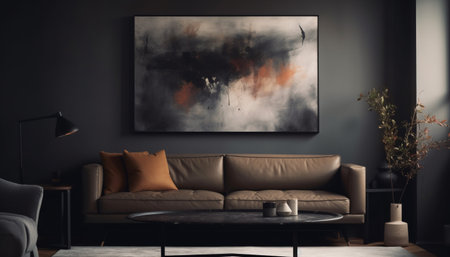 Modern living room design with comfortable armchair and illuminated window generated by artificial intelligenceの素材