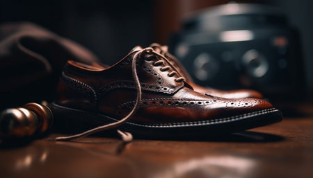 Modern men leather shoes exude elegance and fashion on table generated by artificial intelligenceの素材