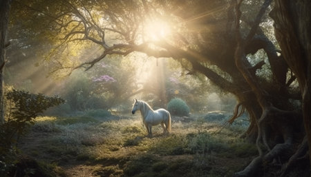 Tranquil scene Stallion grazes in meadow, surrounded by autumn trees generated by artificial intelligenceの素材