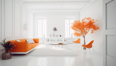 Modern loft apartment with comfortable sofa, elegant decor, and nature inspired backgrounds generated by artificial intelligenceの素材