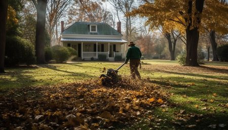 Senior man working in yard with rake, surrounded by nature generated by artificial intelligenceの素材