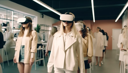 Young adult women standing in a retail store virtual reality simulator generated by artificial intelligenceの素材
